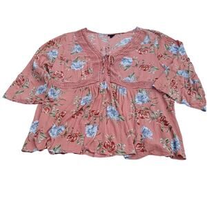 Torrid Babydoll Gauze Crochet Trim Lace-Up Top Size 5 Floral GUC